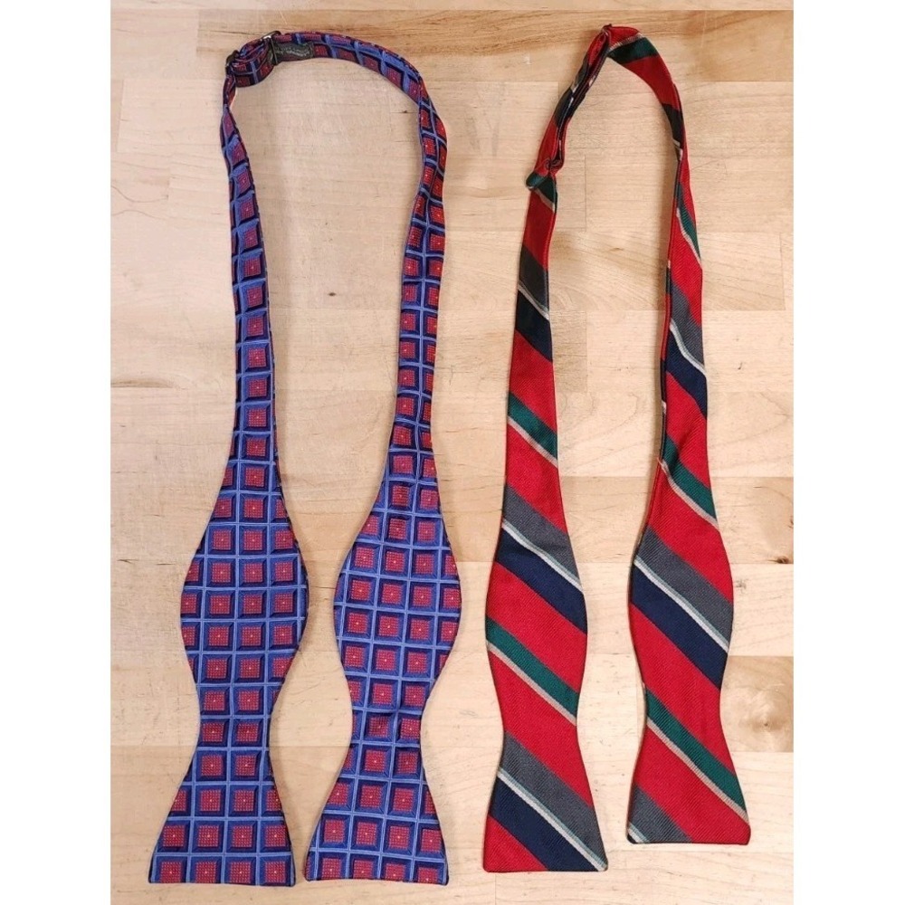 Robert Talbott Best of Class Lot Of 2 Silk Bow Ties Red Stripe Blue Geometric